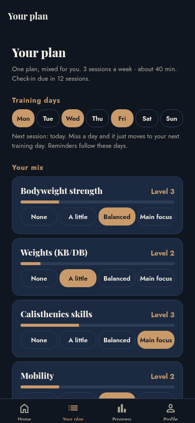 Your plan: training days and focus mix
